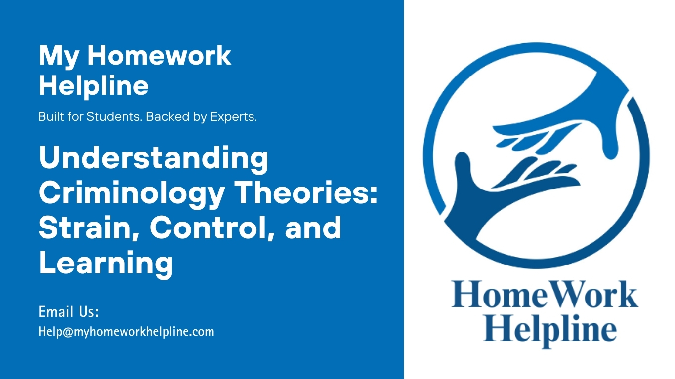 Academic paper summarizing key criminology theories, including General Strain Theory, Social Control Theory, and Social Learning Theory. This research paper explores societal pressures, socialization processes, and observational learning that influence criminal behavior. The essay highlights examples, theoretical implications, and the role of social bonds in preventing antisocial or criminal actions, providing a clear overview for assignments and research purposes.