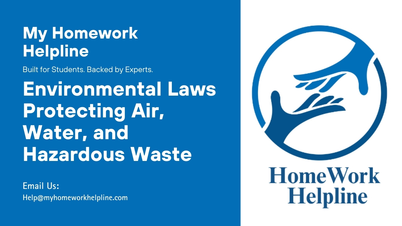 This essay analyzes environmental laws and regulations related to air quality, water pollution, and hazardous waste management. It covers the Clean Air Act, Clean Water Act, and Resource Conservation and Recovery Act, highlighting compliance, risk management, and environmental protection measures. Useful for assignments, essays, and homework in environmental law studies.