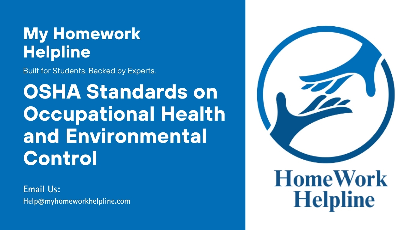 Occupational health and environmental control essay focusing on OSHA standards for workplace safety, ventilation, abrasive blasting, spray finishing, and noise exposure compliance. The research paper explains how organizations implement protective equipment, hazard monitoring, and safety programs. Assignment insights include noise reduction measures, hearing protection, and environmental control strategies for academic and professional growth.