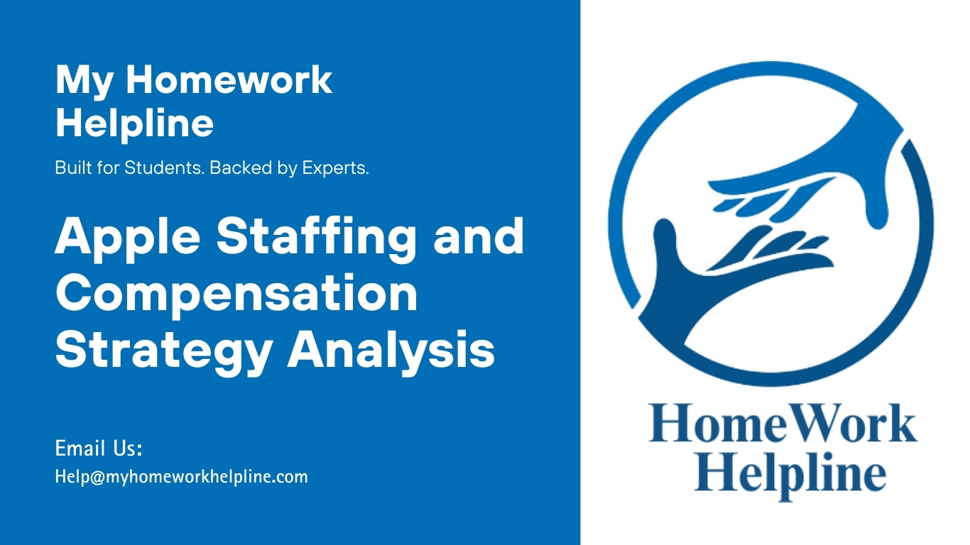 Business studies academic paper analyzing Apple’s staffing and compensation plan, recruitment strategy, and HR management practices. This research paper explores Apple’s approach to employee retention, pay, diversity, inclusivity, and performance management. Perfect for students seeking business assignment or research paper help on staffing and compensation in global corporations.