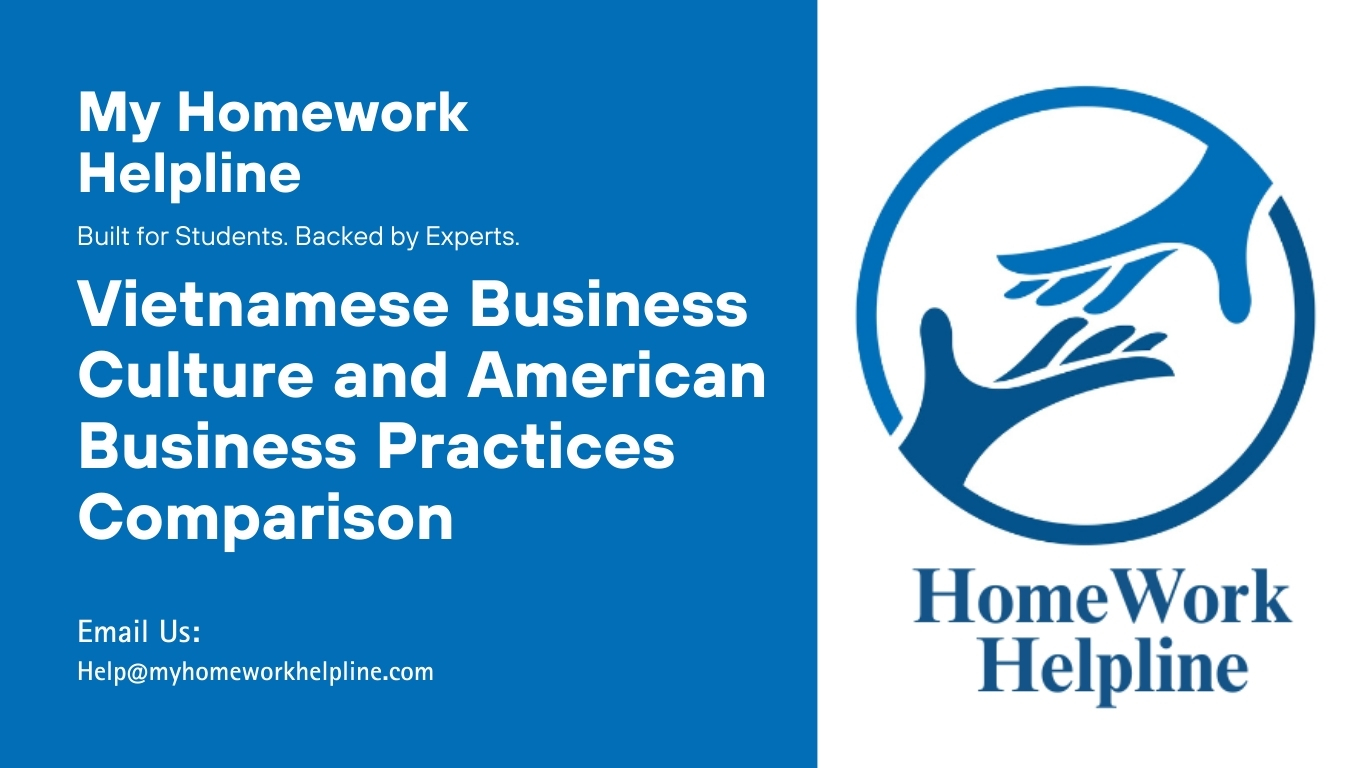 Academic paper analyzing Vietnamese business culture, including cultural orientation, negotiation practices, greetings, and business etiquette. This research paper or assignment review compares Vietnamese practices to American business norms, highlighting cross-cultural communication strategies, respect in business, and compromise in negotiations. Ideal for business studies essays or intercultural communication assignments.