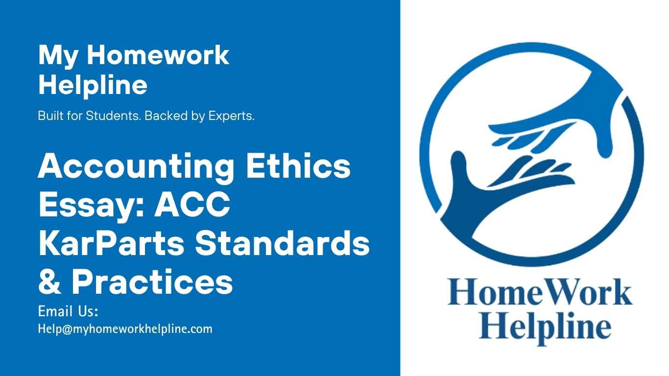 This accounting ethics essay examines ACC KarParts’ financial practices, highlighting professional standards, ethical principles, and responsible strategies for meeting profit targets. Ideal for academic paper research, essay writing, assignment assistance, or review of article studies in accounting ethics, corporate responsibility, financial reporting standards, and ethical decision-making in business.
