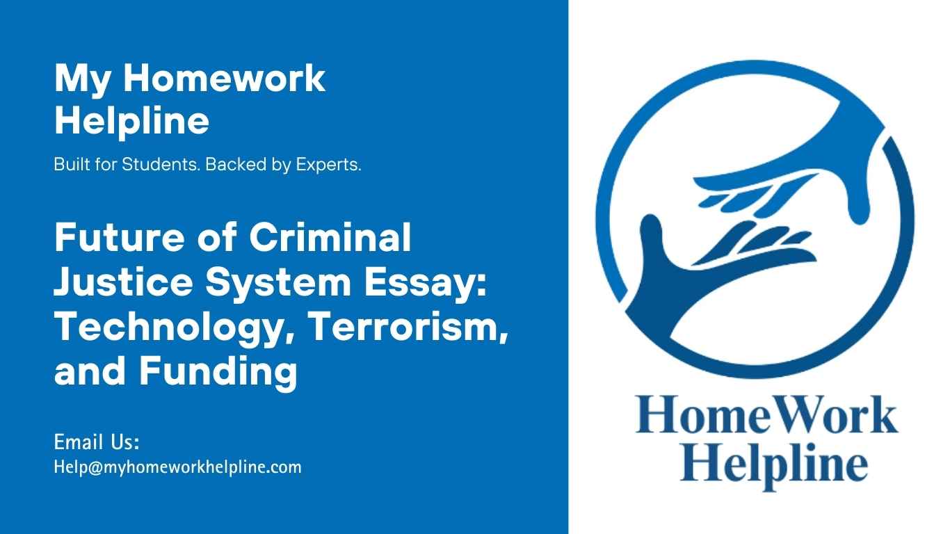 This essay on the future of the criminal justice system examines how technology, social media, and the internet impact policing, courts, and corrections. It discusses the challenges of domestic terrorism, international terrorism, and global crimes, while also addressing budgetary strategies and financial planning for managers to ensure effective security, service delivery, and public trust in criminal justice.