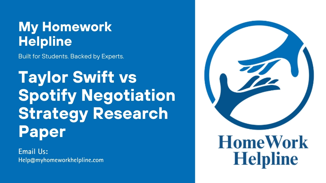 Academic research paper on the Taylor Swift vs Spotify negotiation strategy and tactics, emphasizing distributive vs integrative approaches, BATNA, ZOPA, and reservation points. The essay details Swift’s take-it-or-leave-it offers, extreme demands, and threats, contrasted with Spotify’s integrative solutions, stakeholder-driven strategies, and resistance to coercion. This assignment highlights lessons in negotiation analysis and business decision-making.