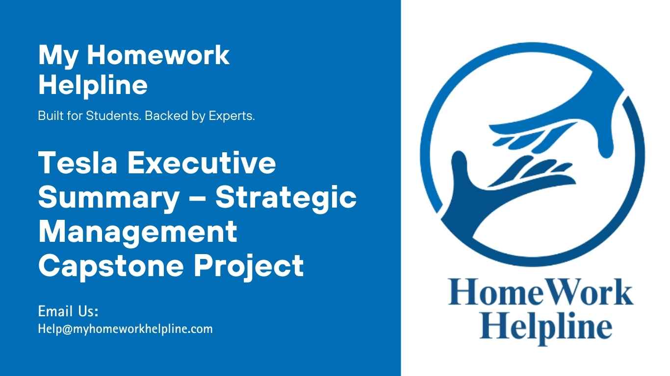 This academic executive summary paper on Tesla presents a capstone project analyzing strategy development, innovation, competitive analysis, organizational response to change, and exploitation of innovation. The research paper highlights Tesla’s global position in the electric vehicle industry, its strengths, weaknesses, and strategic management process.